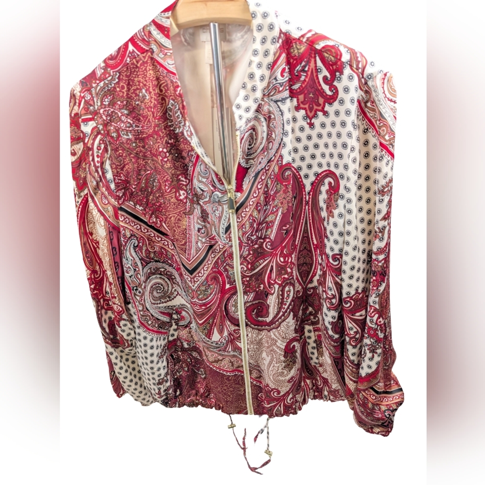 Chico's Printed Bomber Jacket With Silk Feel Size 2 NWT Draw Close Bottom